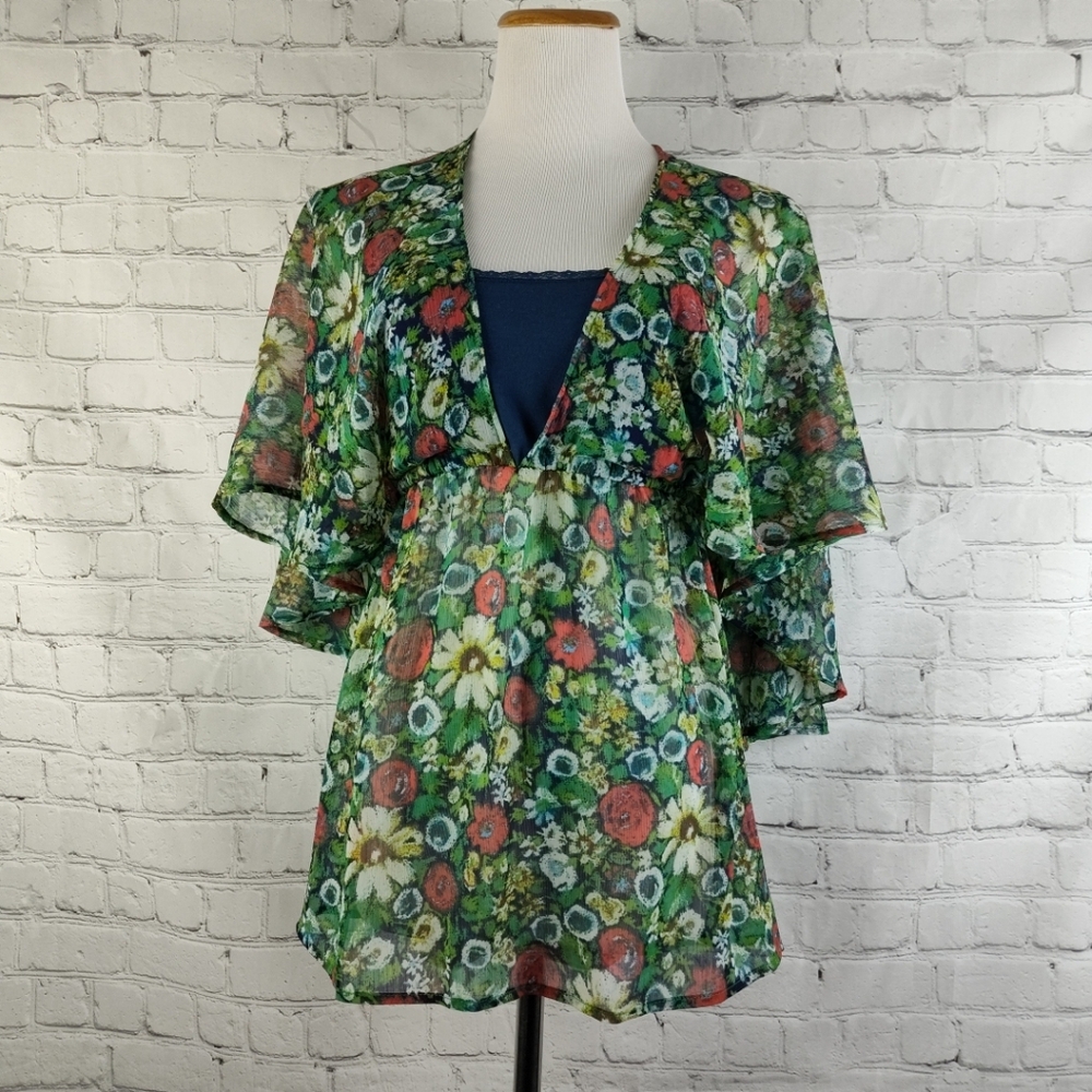 Olsenboye Ruffled Blouse with Red and Purple